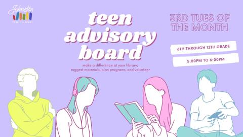 Teens listening to music on a purple background with text that reads Teen Advisory Board