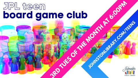 Colored chess pieces on white background with text that readers JPL Teen Board Game Club