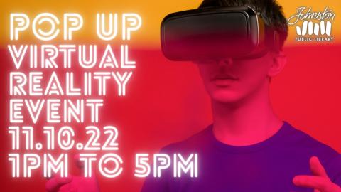 Male with a VR Headset on with text that reads pop up virtual reality event