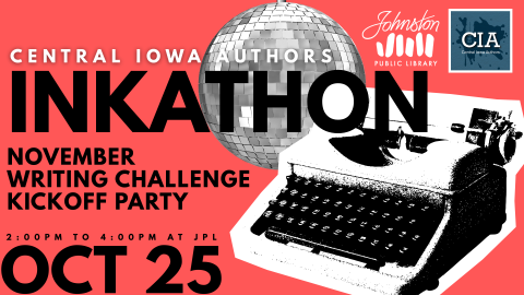 Central Iowa Author's Inkathon Kickoff Party. Image of typewriter with a disco ball in the background. 