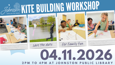 Kite Building Workshop. April 11, 2026 from 2pm to 4pm at JPL. Images of kids and families making kites. 