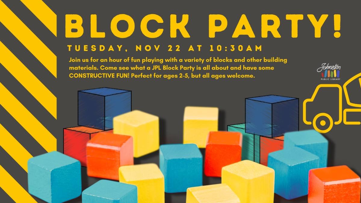 Block Party event flier with colorful blocks on black background