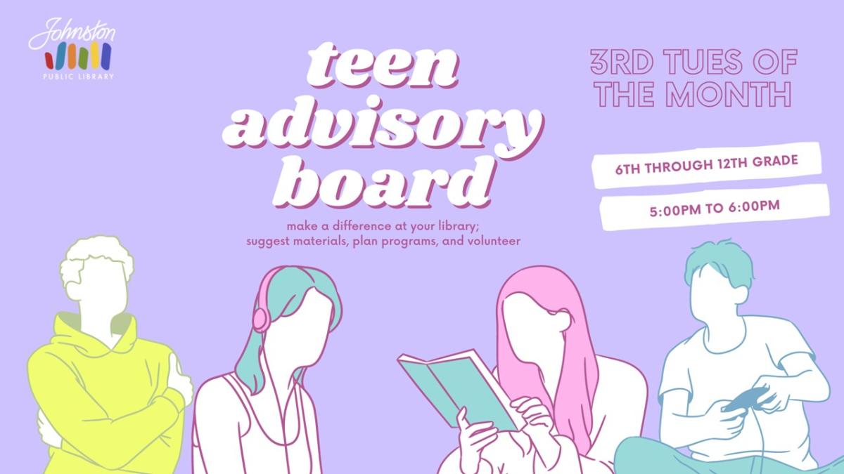 Teens listening to music on a purple background with text that reads Teen Advisory Board