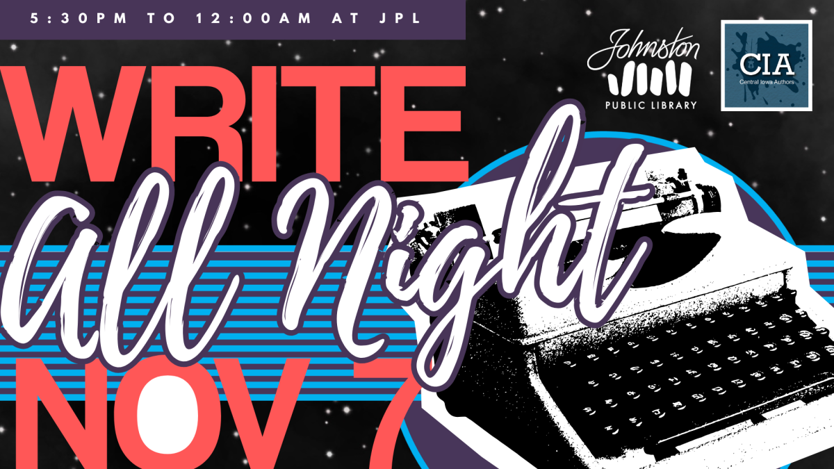 Write All Night. Image of typewriter on a night sky.